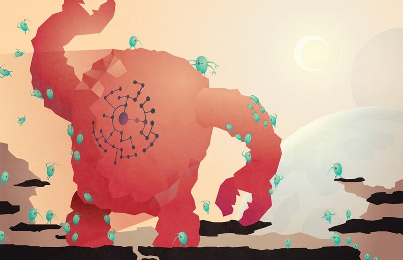 giant red creature with small beings