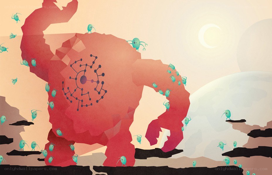 giant red creature with small beings