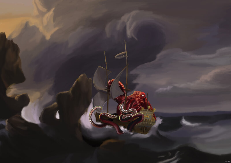 Giant Red Octopus Attacking Ship