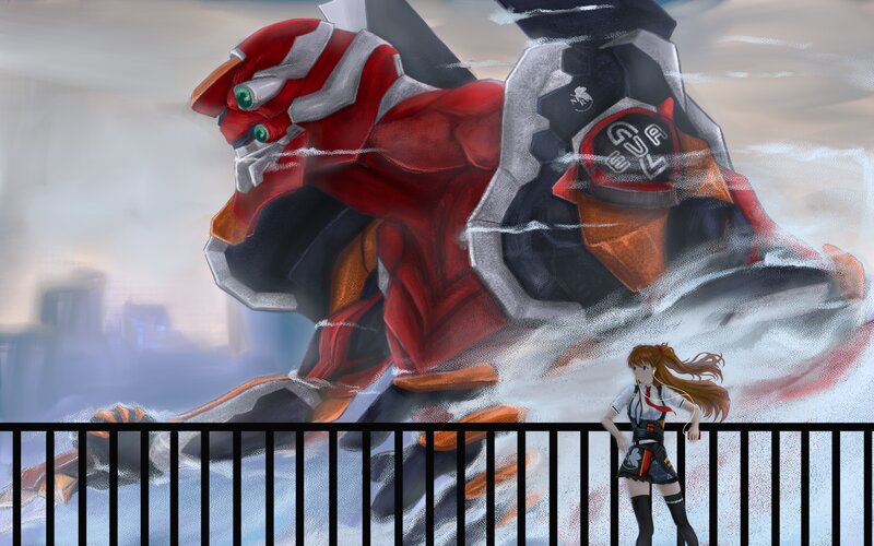 Giant Red Robot — Dramatic, Digital Art, Girl