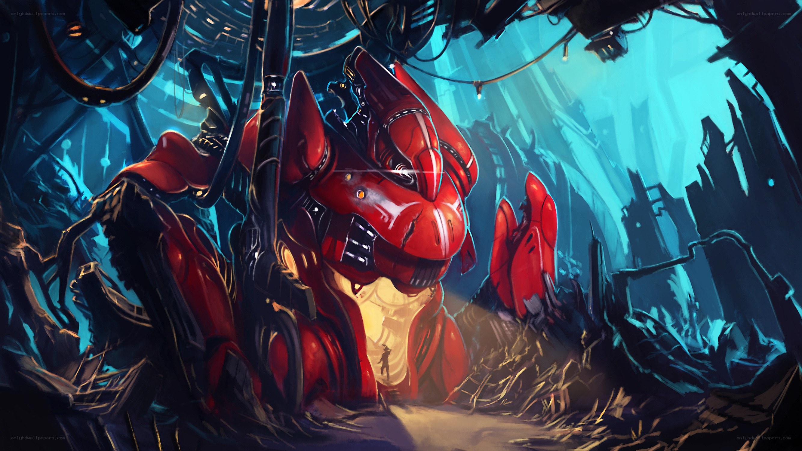 giant red robot in ruins