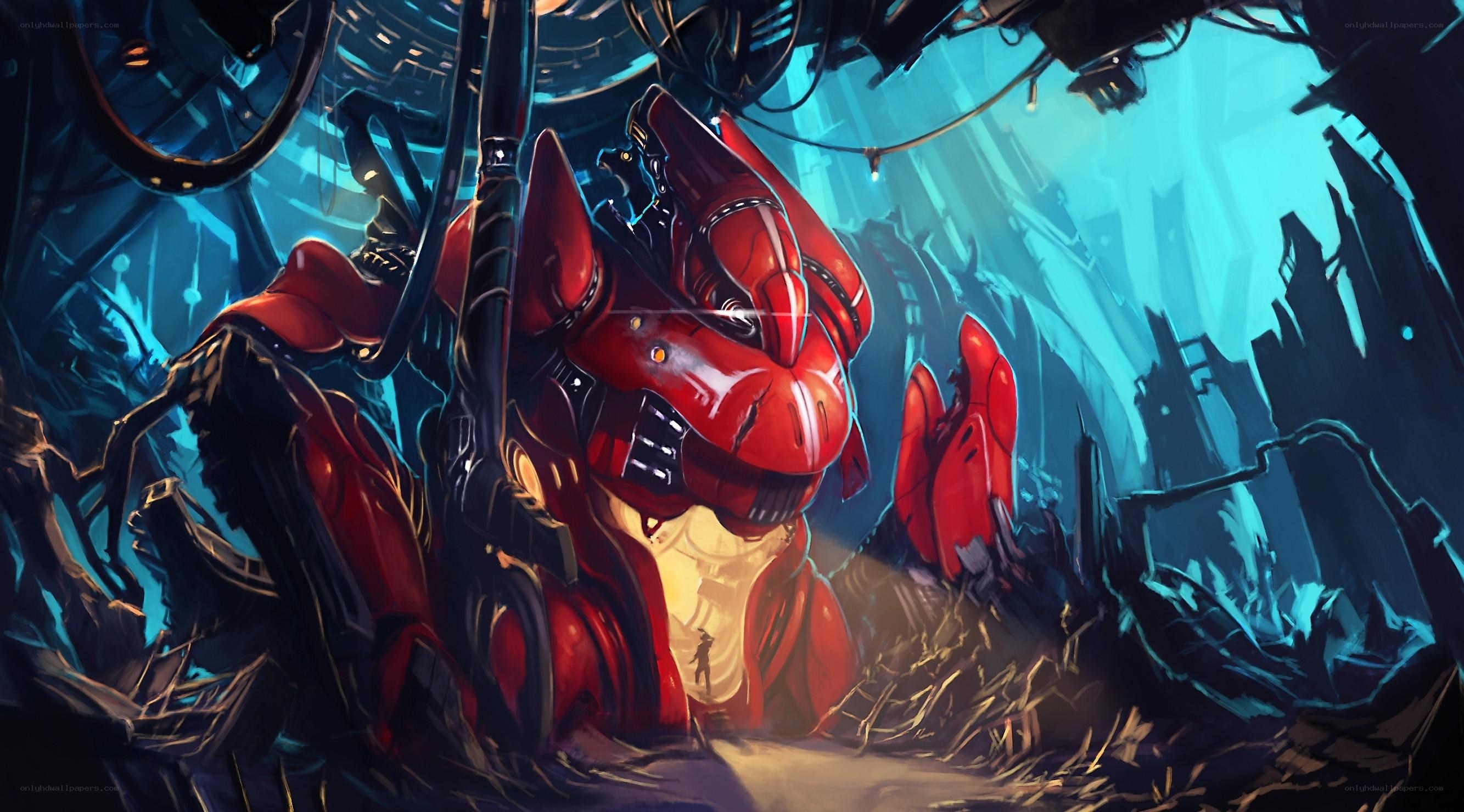 giant red robot in ruins