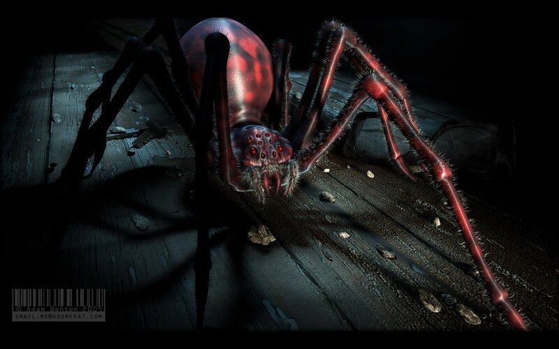 Giant red spider on wooden floor