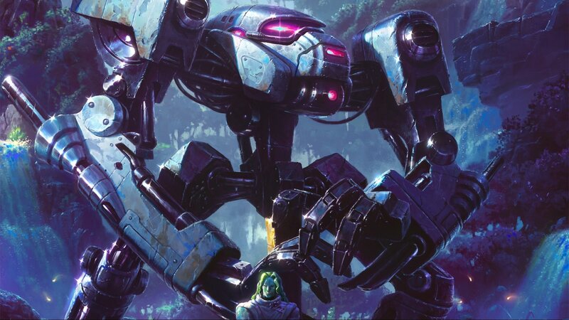 Giant Robot and Green-skinned Figure