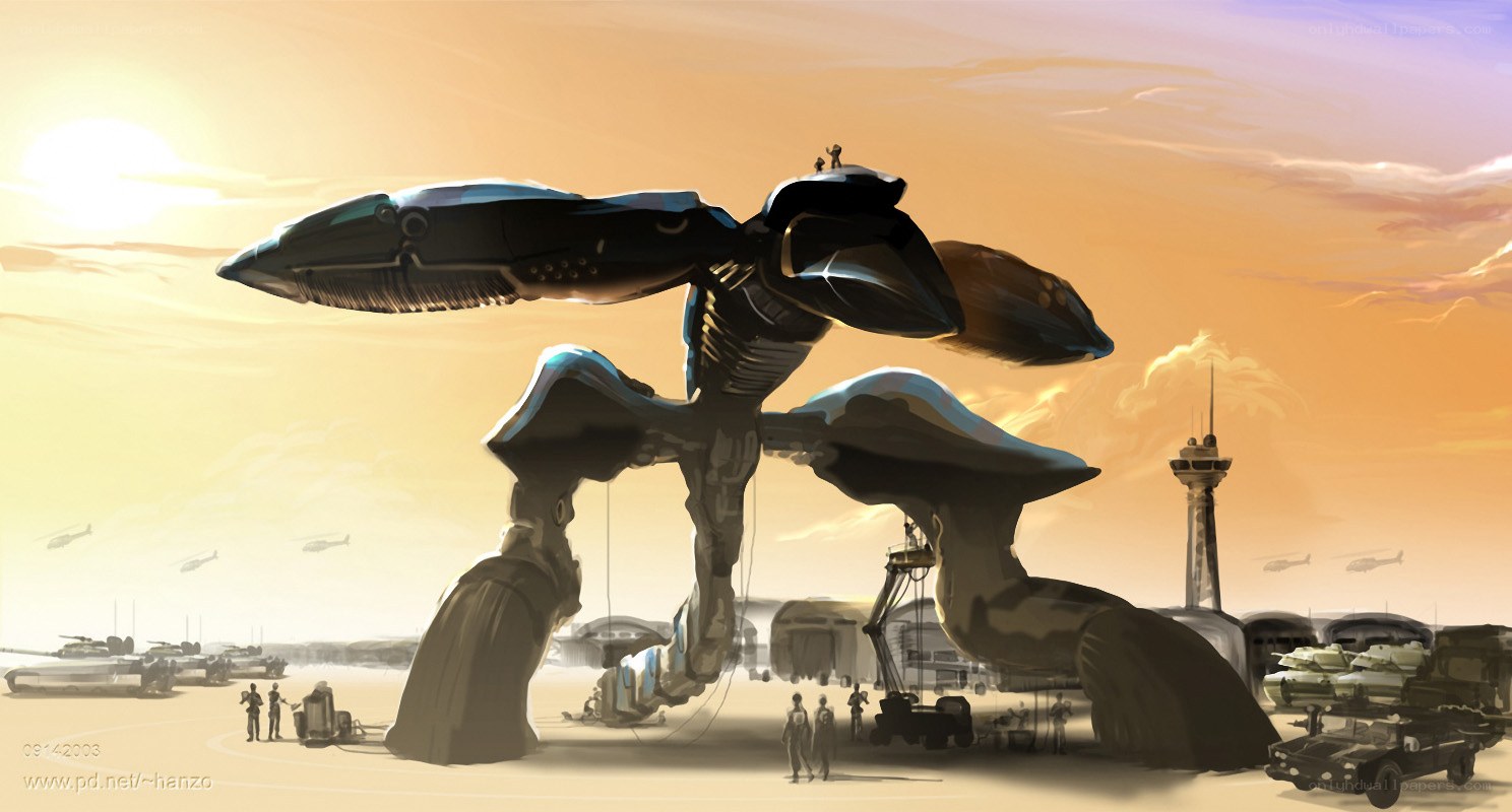 Giant robot at desert base