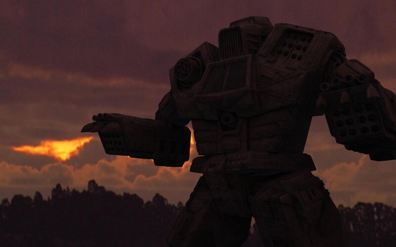 giant robot at sunset