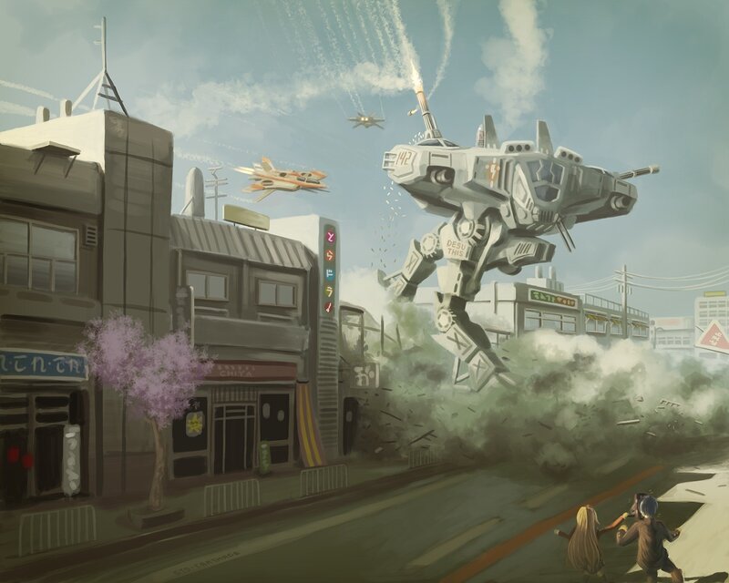 Giant robot attacks city street