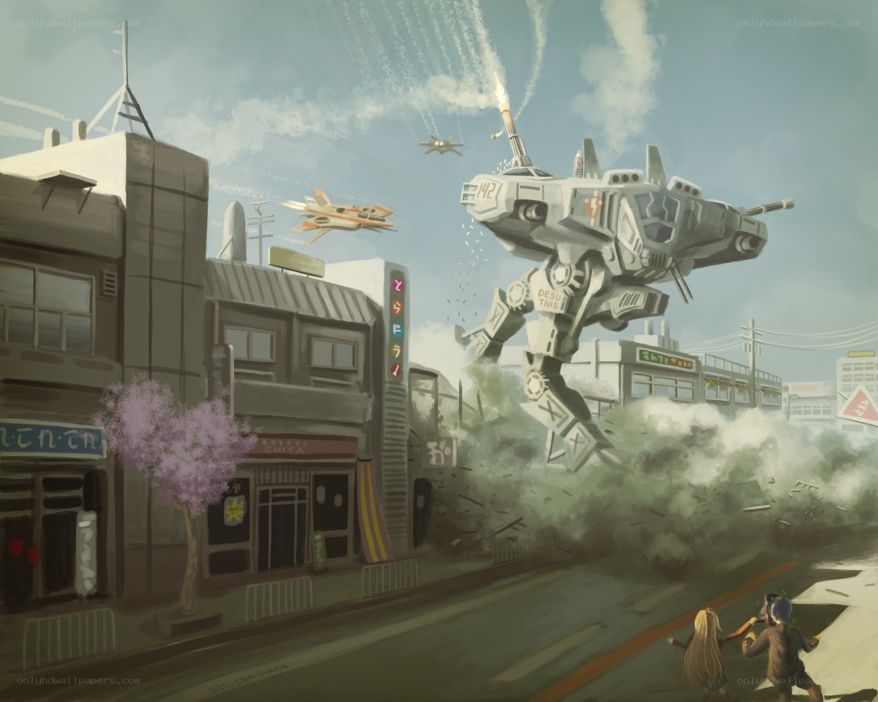 Giant robot attacks city street