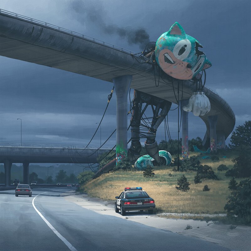 Giant Robot Cat under Bridge