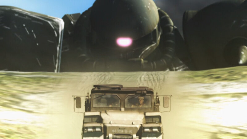 giant robot confronts military vehicle