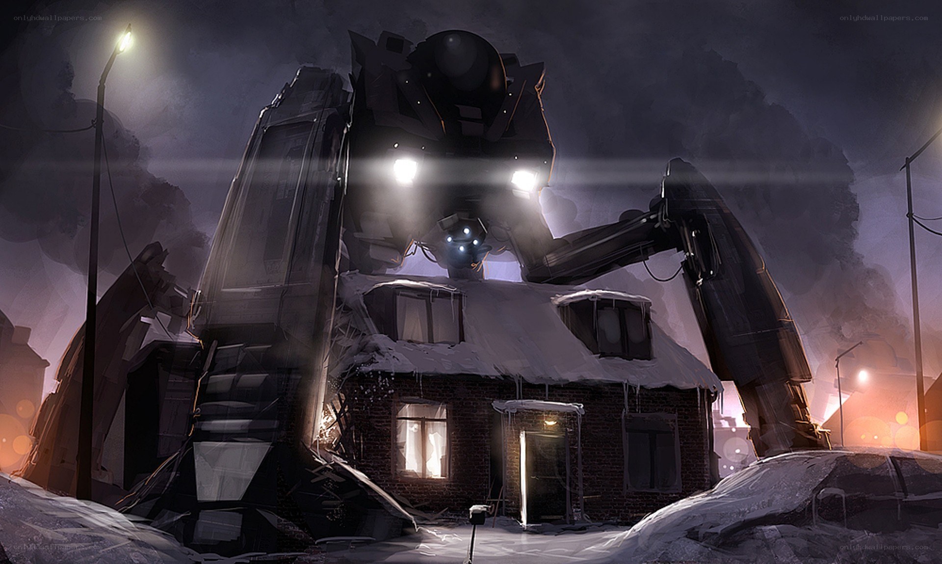 giant robot destroys house