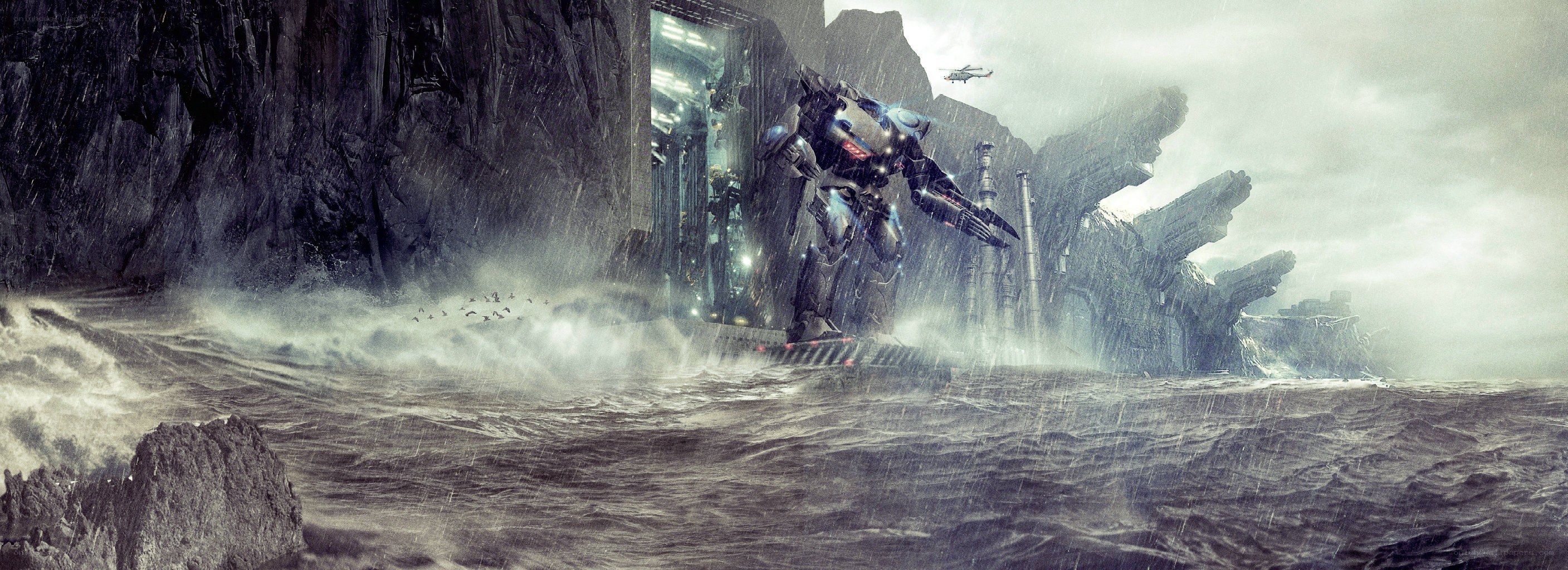 giant robot emerging from sea base