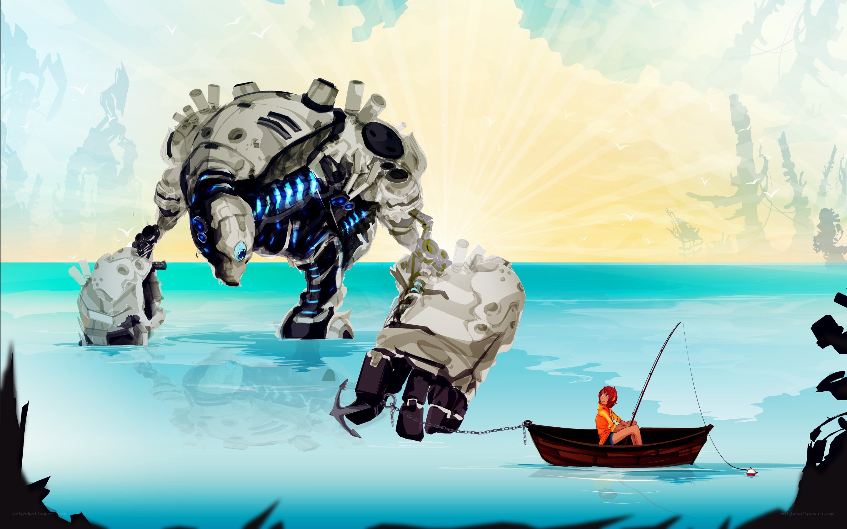 giant robot fishing with a child