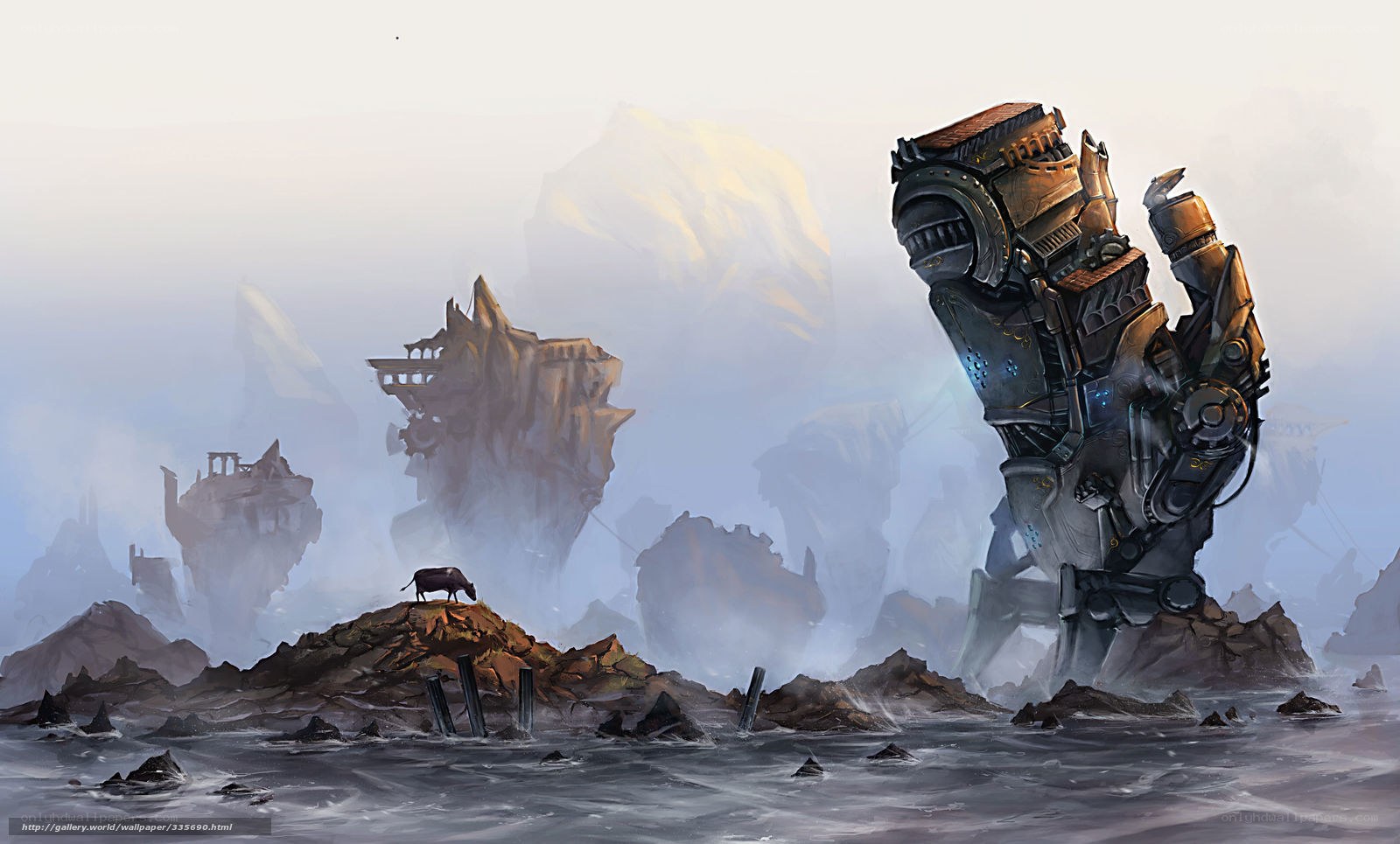 Giant robot hand in fog