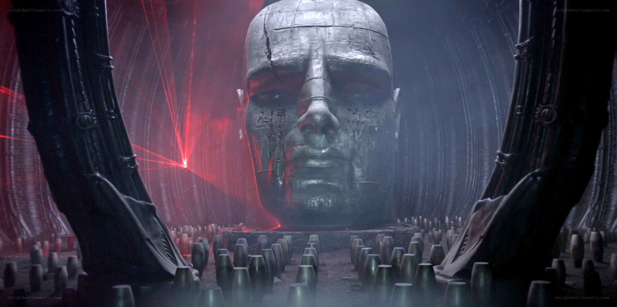 giant robot head in dark chamber