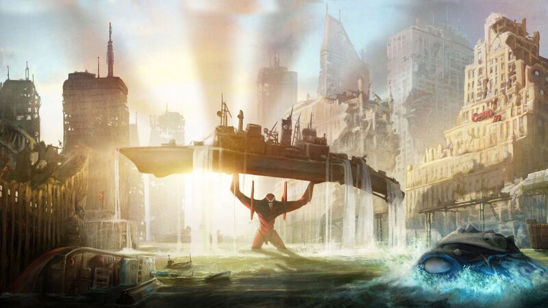 Giant Robot Holding Ship — Gray