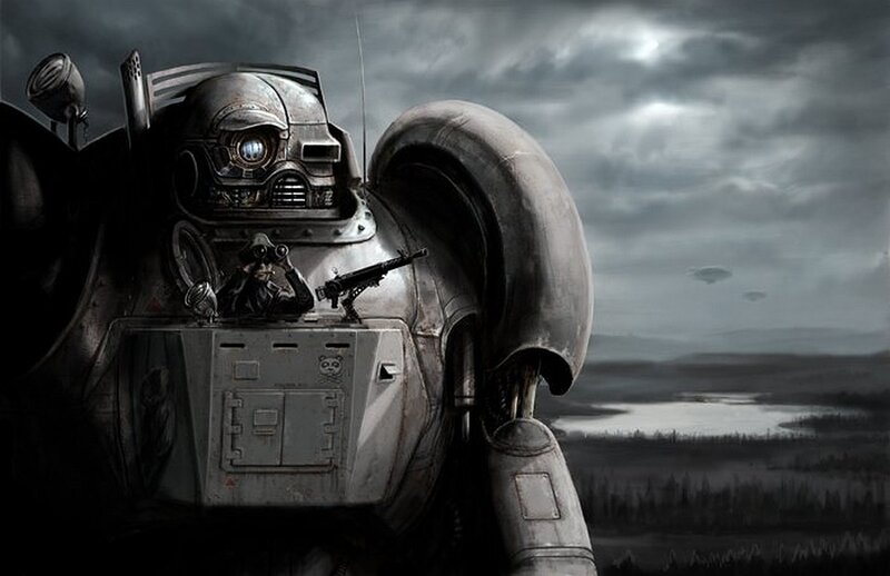 giant robot in a desolate landscape