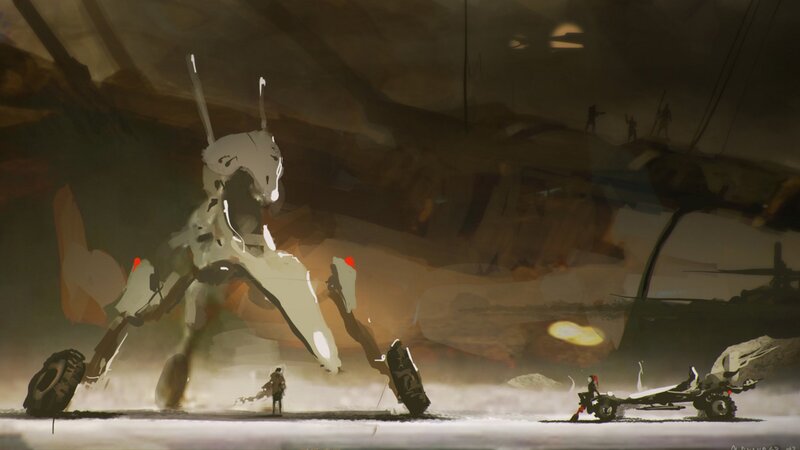 Giant robot in a desolate landscape