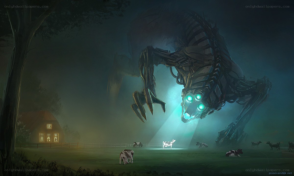 Giant robot in a farm at night