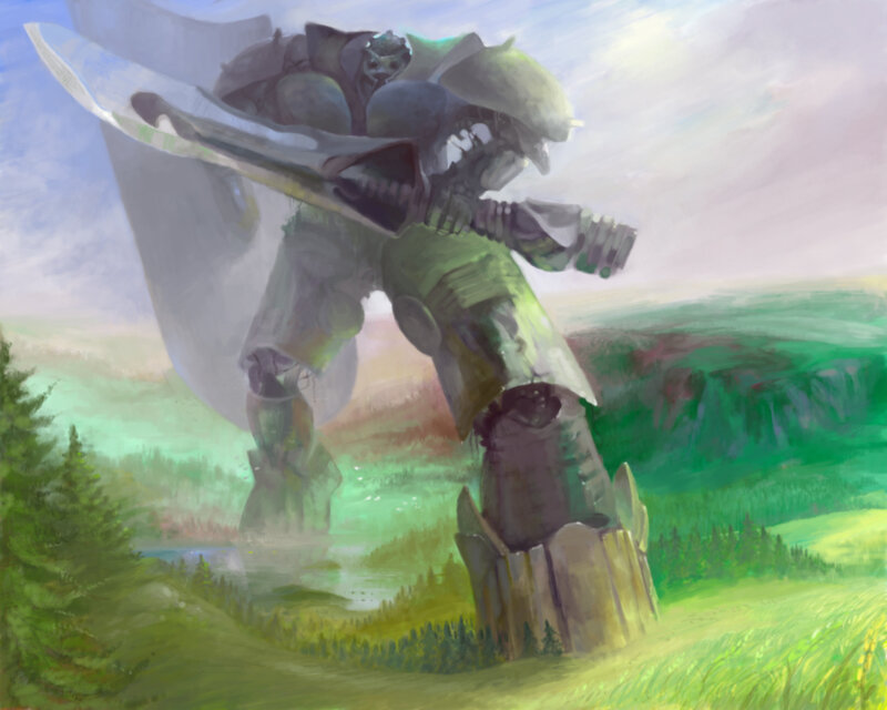giant robot in a green field