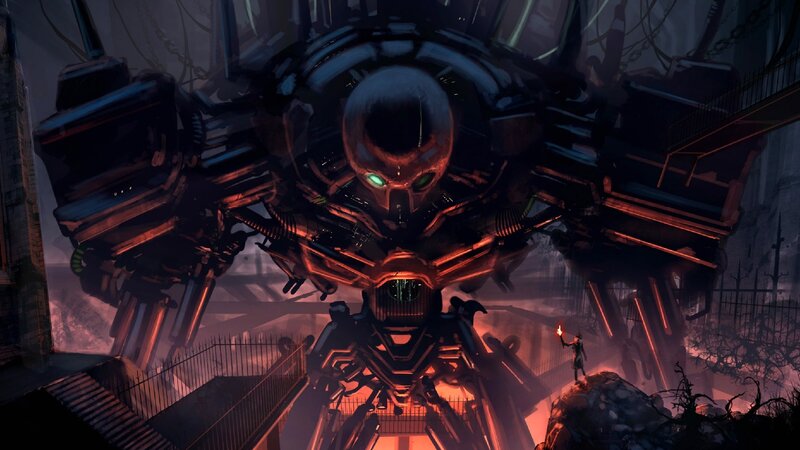 giant robot in a ruined city