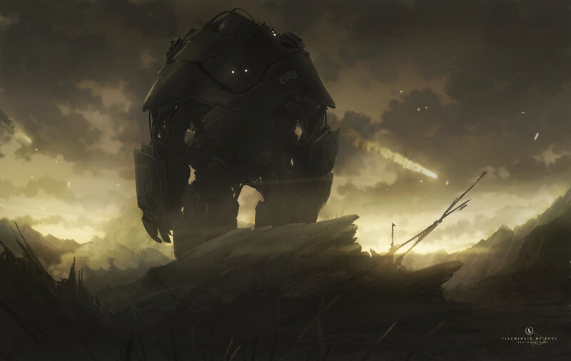 giant robot in a war-torn landscape