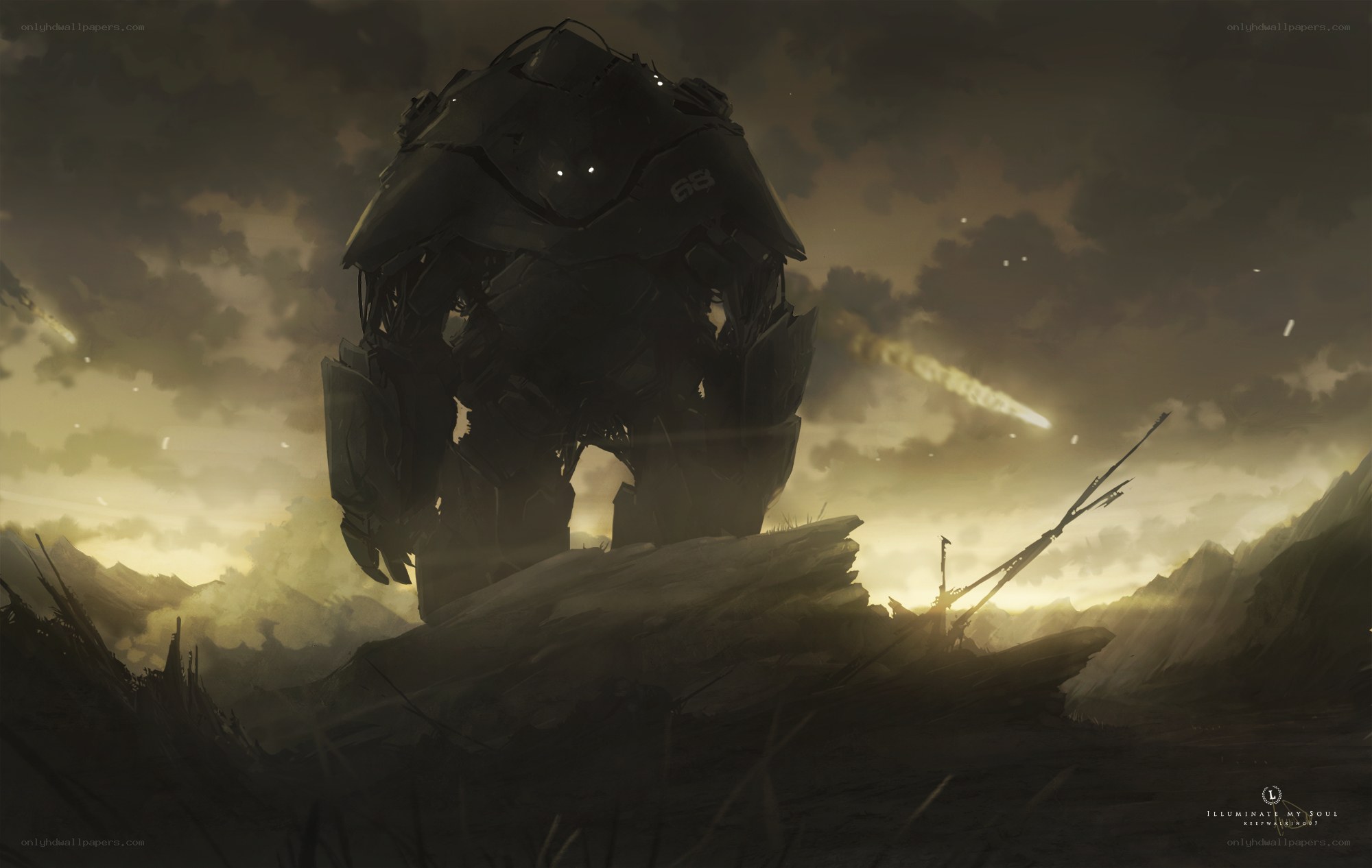 giant robot in a war-torn landscape
