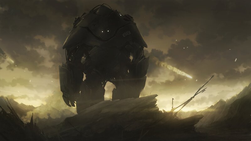 giant robot in a war-torn landscape