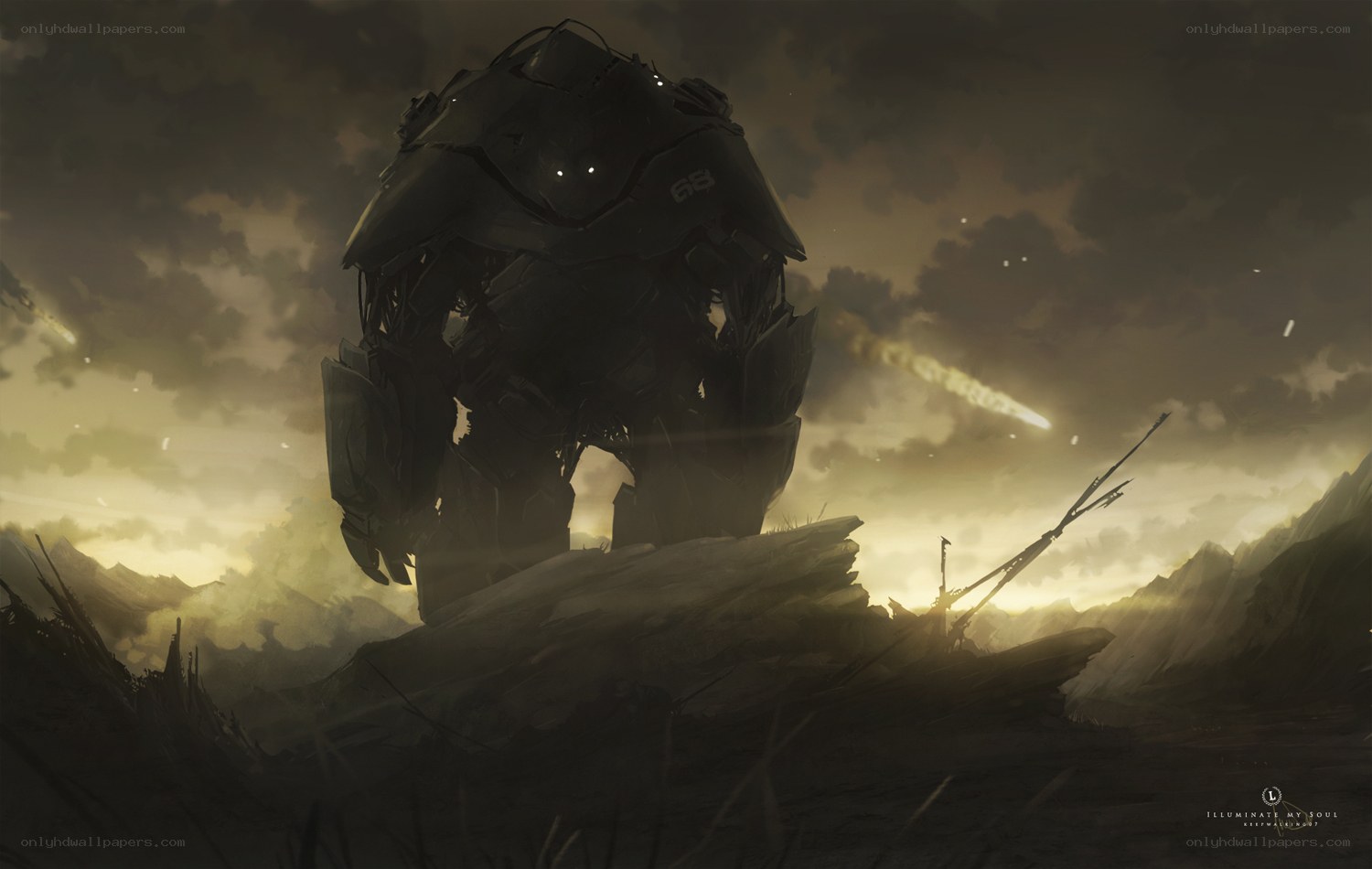 Giant robot in a war-torn landscape