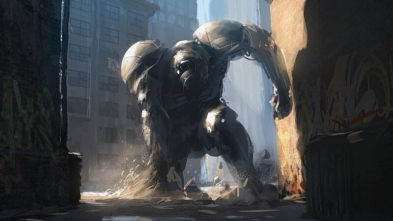 giant robot in alleyway