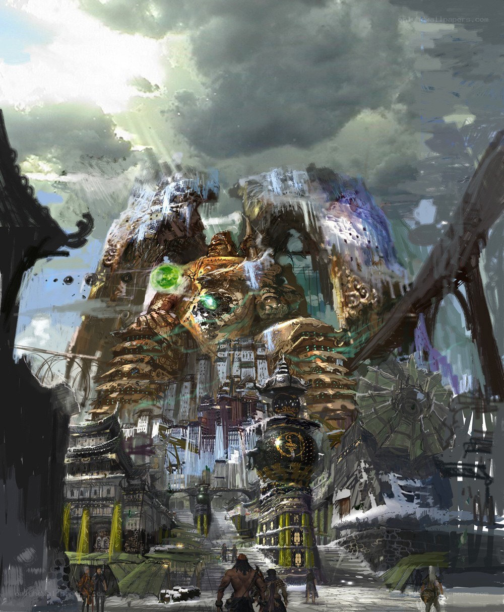 giant robot in ancient city