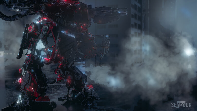 Giant Robot in City — Black, Dramatic