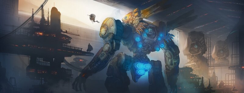 Giant Robot in City — Blue, Dramatic, Sunset