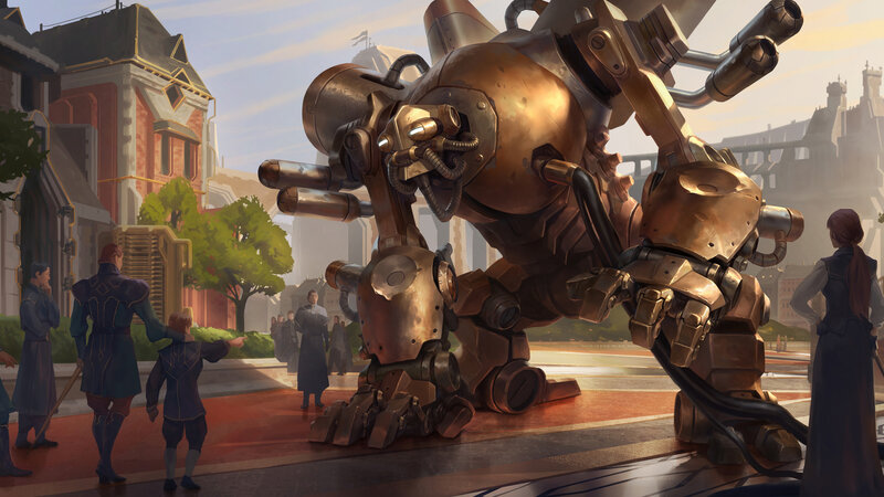 Giant Robot in City — Brown, Dramatic, Afternoon