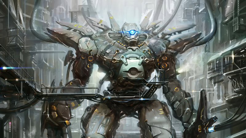 Giant Robot in City — Gray, Dramatic, Digital Art, Mechanical Arms