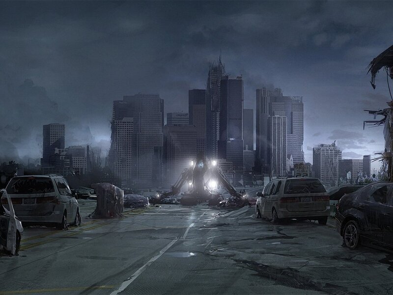 Giant Robot in City — Gray, Dramatic, Night