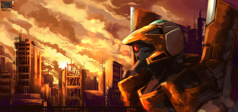 Giant Robot in City — Orange, Dramatic, Sunset, Digital Art, Sky