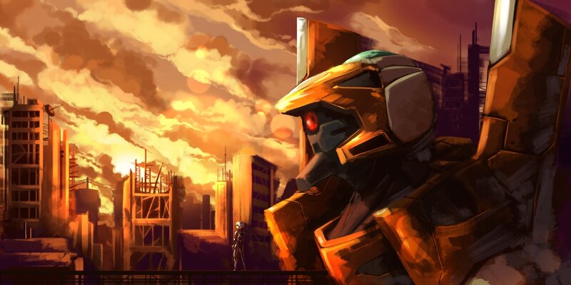 Giant Robot in City — Orange, Dramatic, Sunset, Digital Art