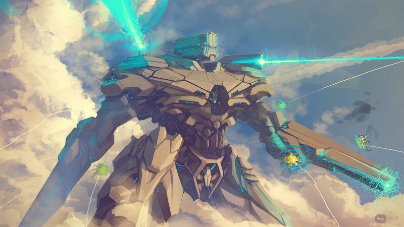 Giant Robot in Clouds — Blue, Dramatic, Digital Art