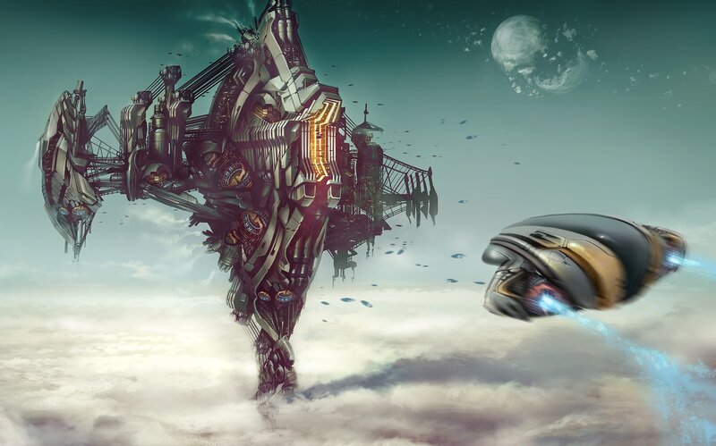 Giant Robot in Clouds — Gray, Dramatic