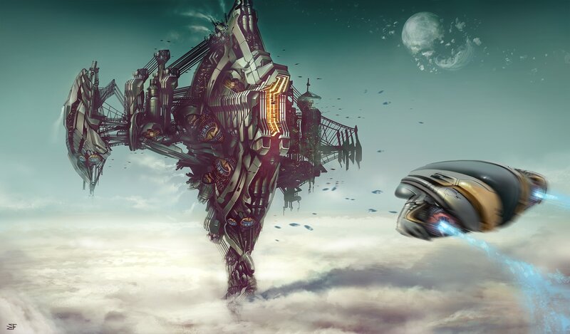 Giant robot in cloudy sky