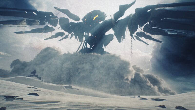 Giant Robot in Desert — Gray, Dramatic, Digital Art, Sand Dunes