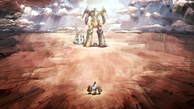 Giant robot in desert landscape