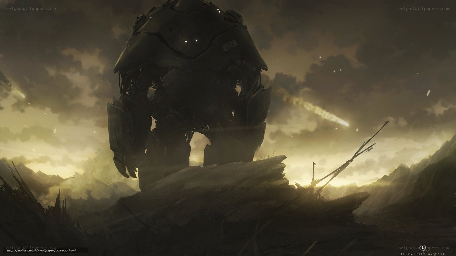 giant robot in desolate landscape