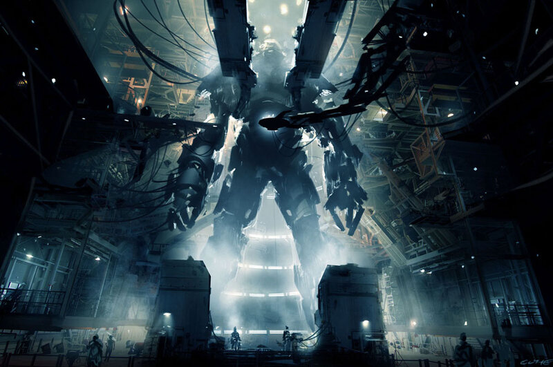 Giant Robot in Factory — Black, Dramatic
