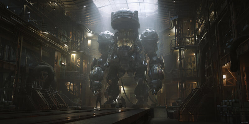 Giant Robot in Factory — Gray, Dramatic, Digital Art