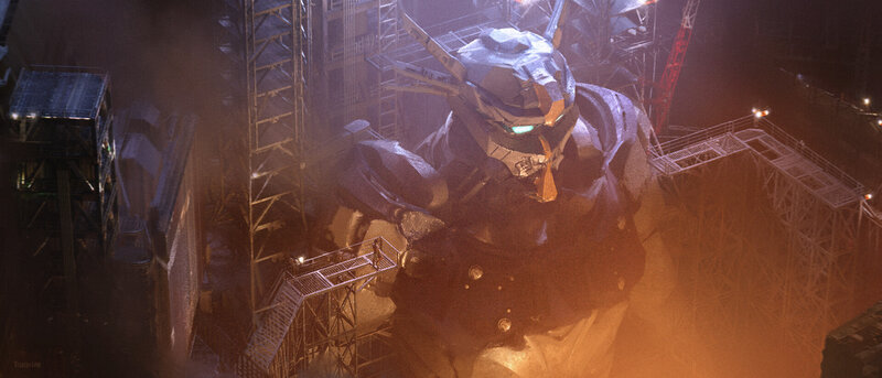 Giant Robot in Factory — Gray, Dramatic, Night
