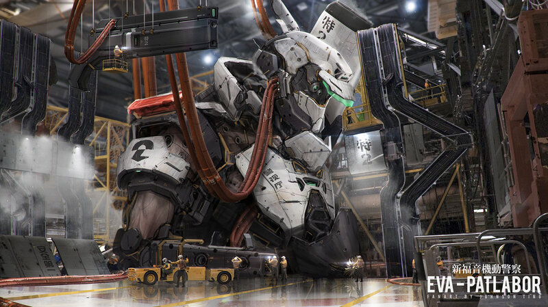 Giant Robot in Factory — Gray, Dramatic