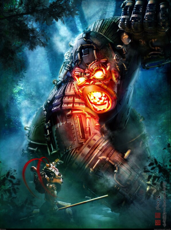 Giant Robot in Forest — Blue, Dramatic