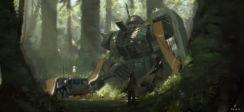 Giant Robot in Forest — Green, Dramatic